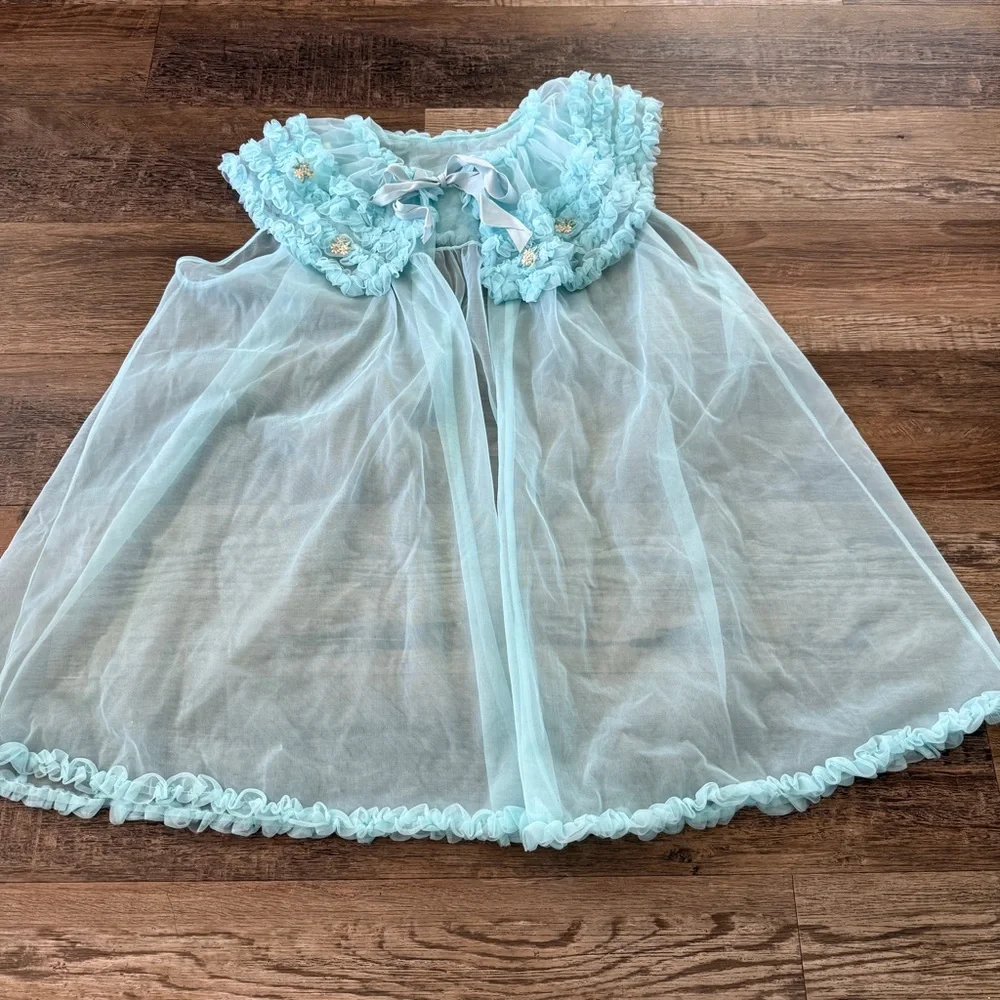 Vintage blue nylon sheer peignoir robe ruffled collar pinup lingerie - Picture 6 of 8